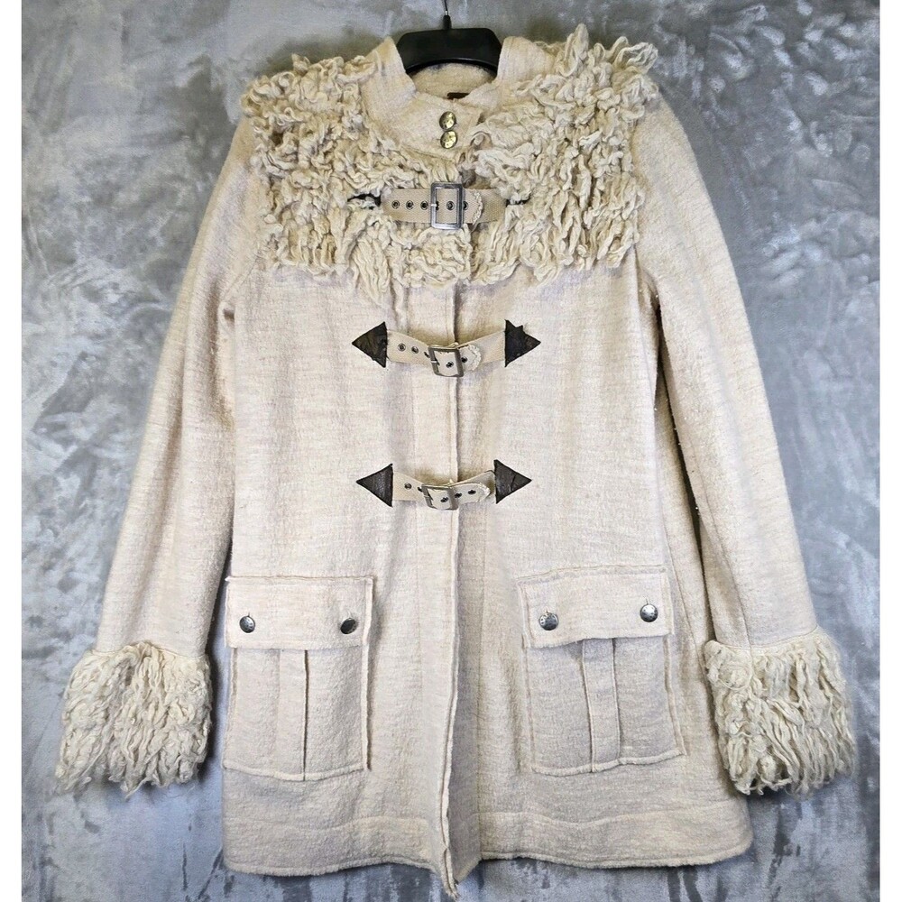 Vintage Y2K Free People Wool Coat Jacket Small Beige Faux Fur Trim Front Buckles